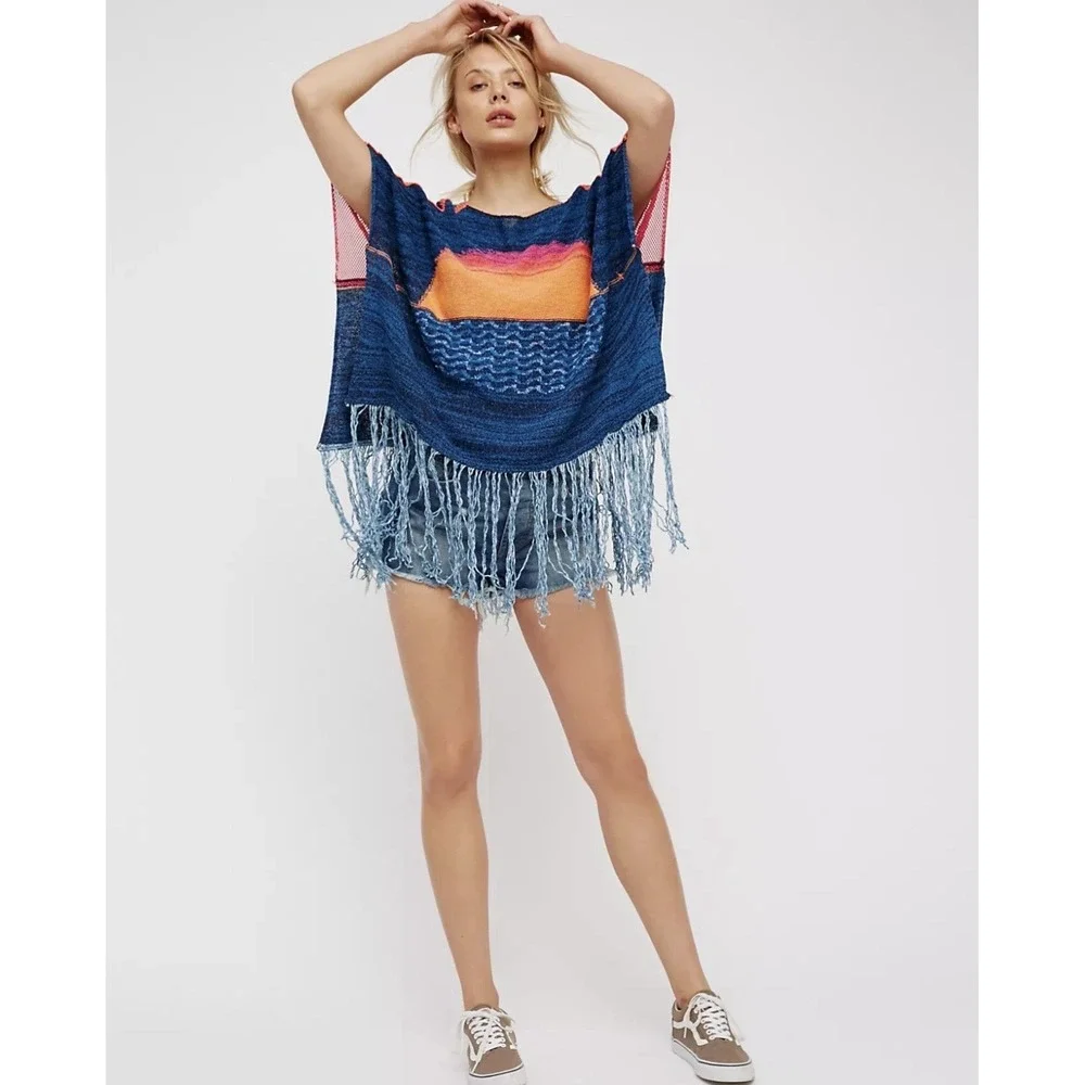 Free People Sunset Fringe‎ Knit Poncho Women's M/L Boho Sweater Wrap